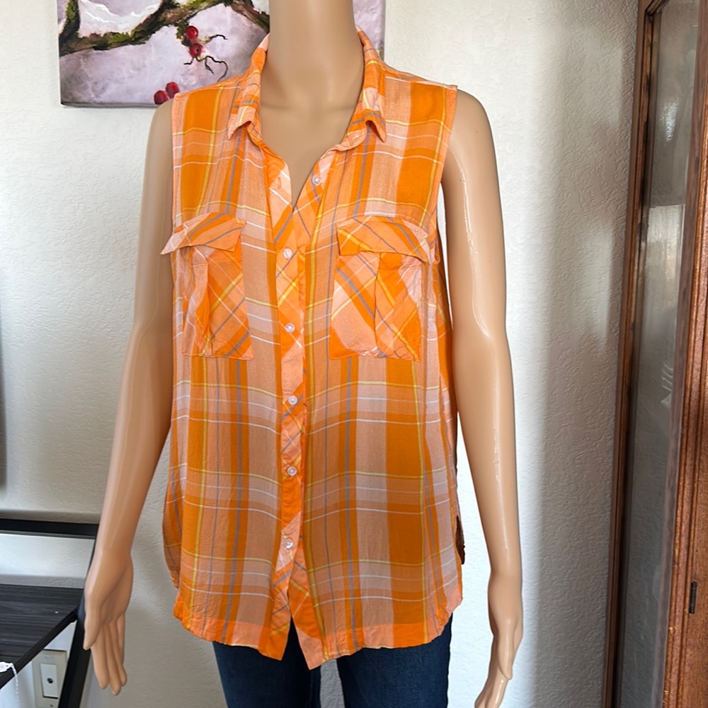 a.n.a Orange Shirt w/Blue, Yellow, White Plaid.